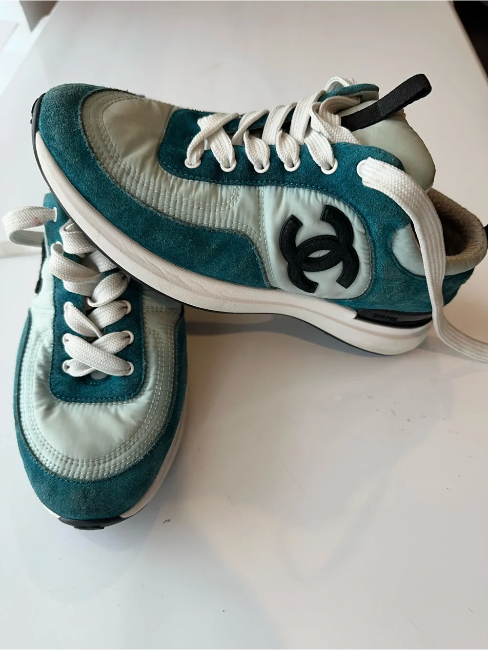 CHANEL womens Teal & Mint Suede Nylon Leather Logo Sneakers size 5